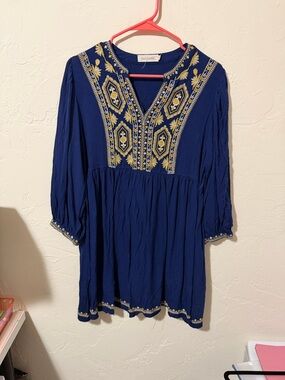 Solitaire Navy Embroidered V-Neck Dress